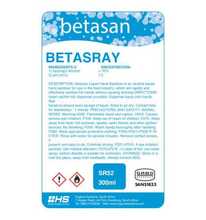 HSC-COU-001 - BETASAN COUNTER TOP HAND SANITISER BOTTLE - 300ml x 6