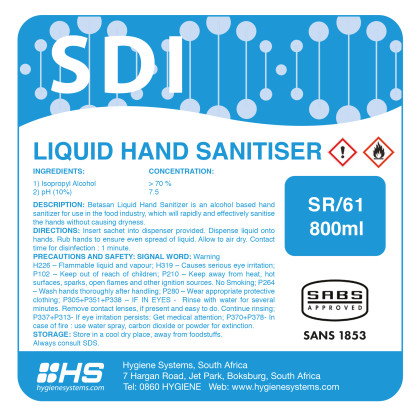 HSC-SDI-001 - SDI WATERLESS HAND SANITISER SACHET - 800ml x 6