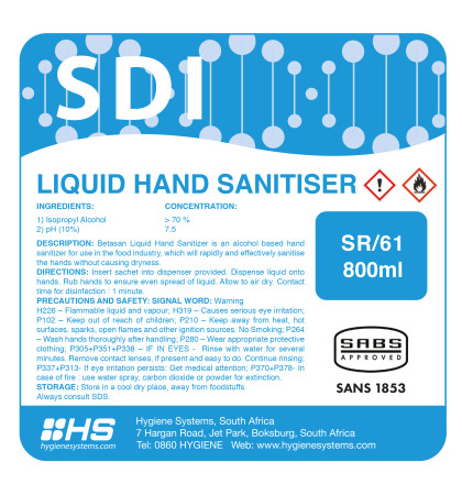 HSC-SDI-001 - SDI WATERLESS HAND SANITISER SACHET - 800ml x 6