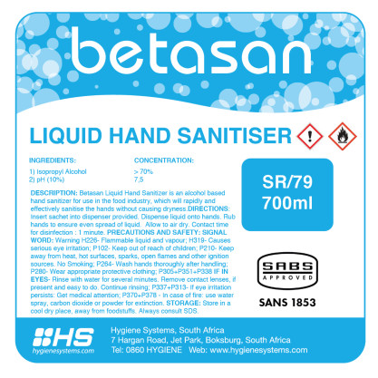 HSC-BET-001 - BETASAN LIQUID HAND SANITISER SACHET - 700ml x 6