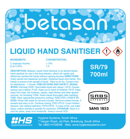 HSC-BET-001 - BETASAN LIQUID HAND SANITISER SACHET - 700ml x 6